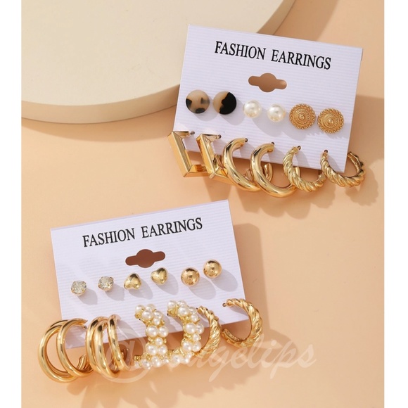 12 Pairs Gold Tone Fashion Earrings - Picture 2 of 4